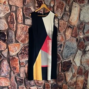 Ellen Tracy Blue and Pink Sheath Midi Dress Sleeveless Crew Neck